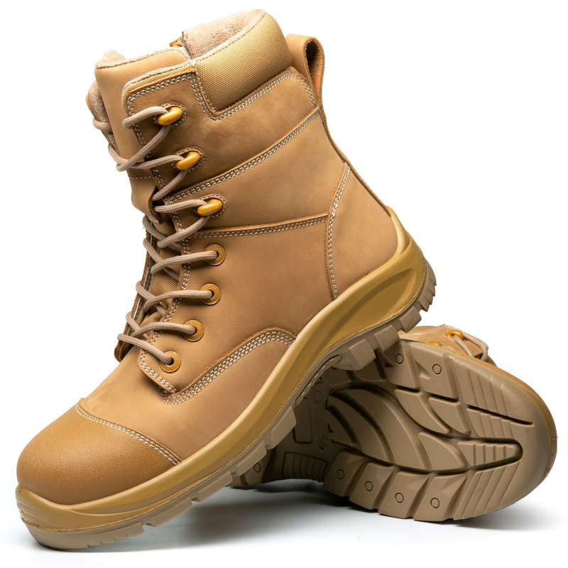 Ghete de protecție pentru muncă, înalte, cu vârf din oțel, anti-șoc și anti-perforație, piele de vițel, talpă din cauciuc
