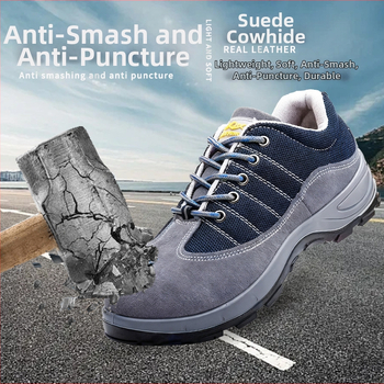 Pantofi de siguranță pentru bărbați, cu talpă joasă, din piele de vițel și PU, vârf din oțel, protecție împotriva loviturilor și perforării, pantofi de lucru respirabili
