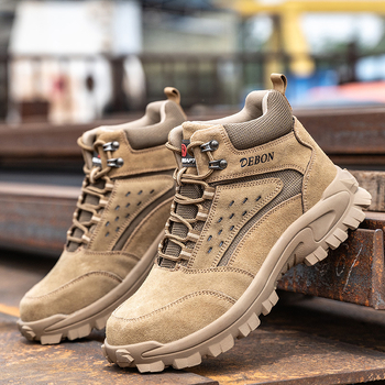 Pantofi de lucru pentru sudură: antișoc și anti-perforație, vârf din oțel, piele velur + plasă din sârmă, înalte, talpă din cauciuc antiderapant