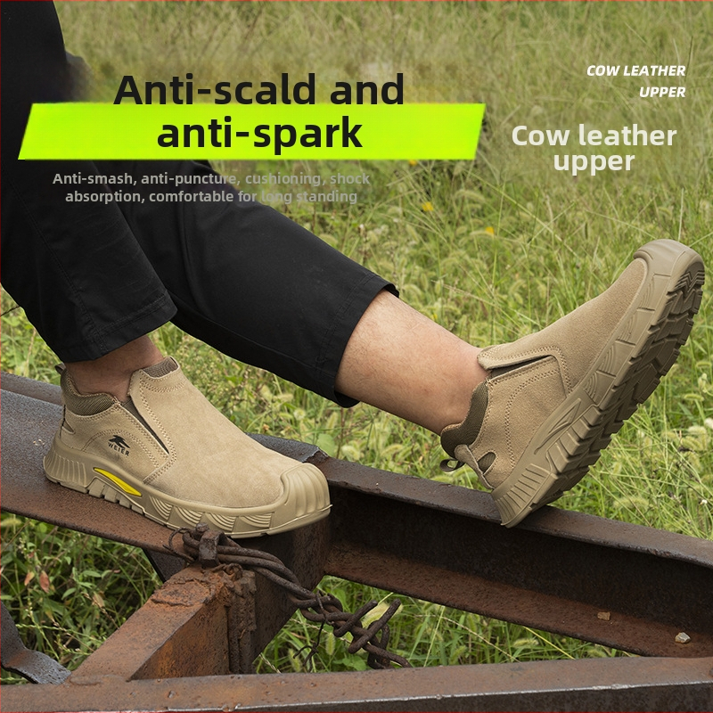 Pantofi de protecție pentru bărbați, din piele întoarsă, cu vârf de protecție din plastic și oțel, protecție la lovire și perforare, respirabili și ușori