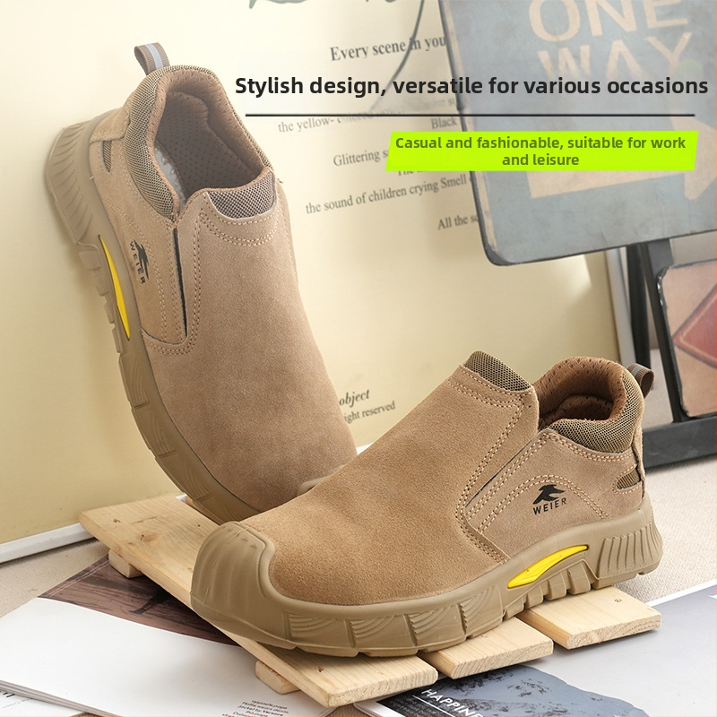 Pantofi de protecție pentru bărbați, din piele întoarsă, cu vârf de protecție din plastic și oțel, protecție la lovire și perforare, respirabili și ușori