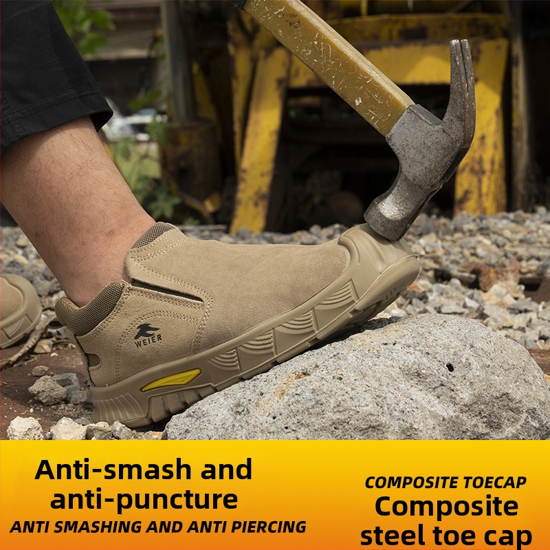 Pantofi de protecție pentru bărbați, din piele întoarsă, cu vârf de protecție din plastic și oțel, protecție la lovire și perforare, respirabili și ușori