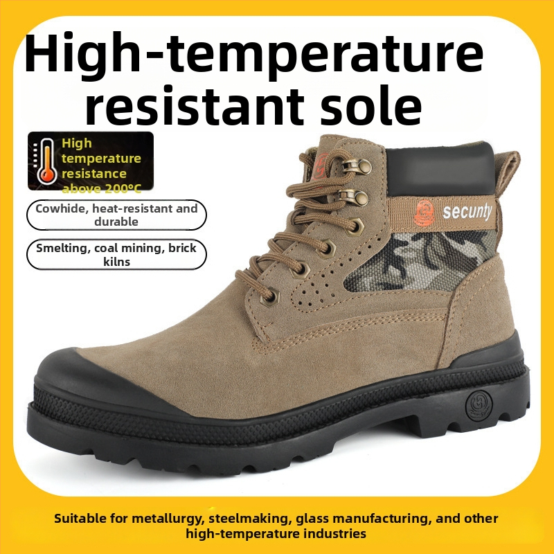 Pantofi de protecție pentru muncă, cu rezistență la temperaturi înalte, anti-șoc și anti-perforație; piele velur + talpă de cauciuc, vârf din oțel