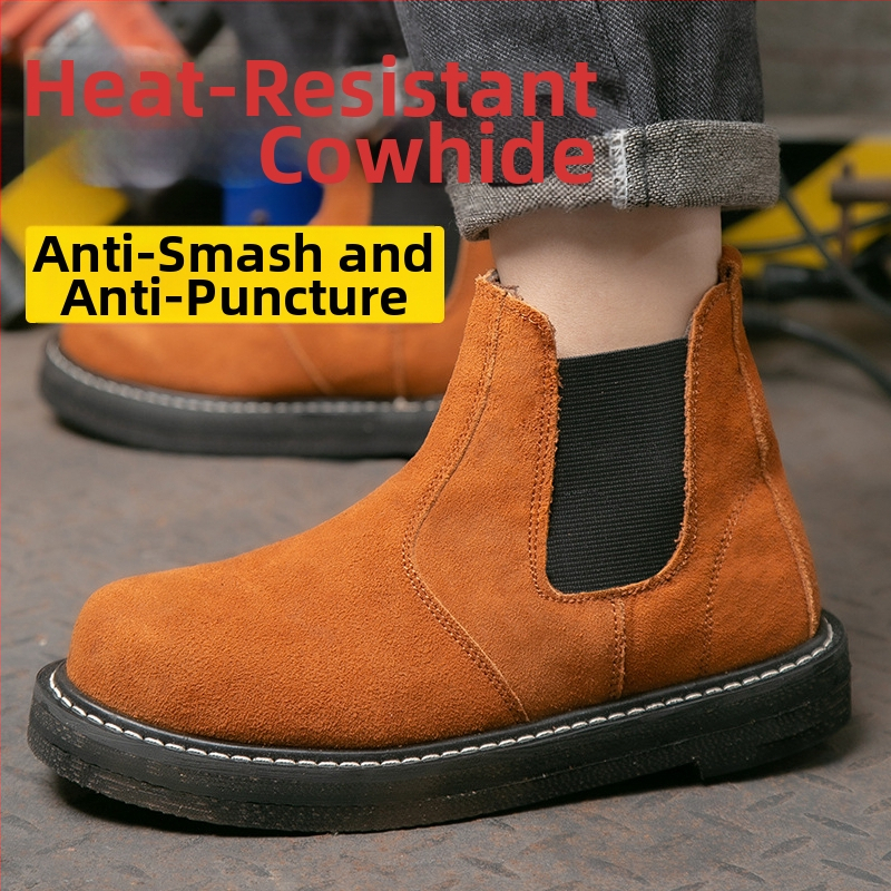 Pracovné topánky s dvojitou oceľovou špičkou, vysoké, na všetky ročné obdobia, protišmykové, odolné voči opotrebeniu, tepelne odolné, materiál: reverzný semiš