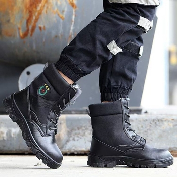 Pantofi de muncă cu protecție anti-perforație și antișoc, cu înălțime mare, material: piele microfibră + pânză, vârf din oțel, căptușeală din bumbac