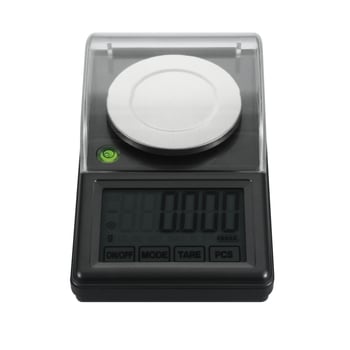 Ékszerekhez használható elektronikus mérleg nagy háttérvilágítású érintőképernyővel, max. 100 g, 0,001 g felbontás, beépített szint