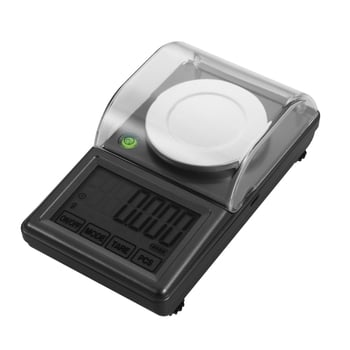 Ékszerekhez használható elektronikus mérleg nagy háttérvilágítású érintőképernyővel, max. 100 g, 0,001 g felbontás, beépített szint