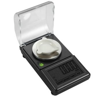 Ékszerekhez használható elektronikus mérleg nagy háttérvilágítású érintőképernyővel, max. 100 g, 0,001 g felbontás, beépített szint