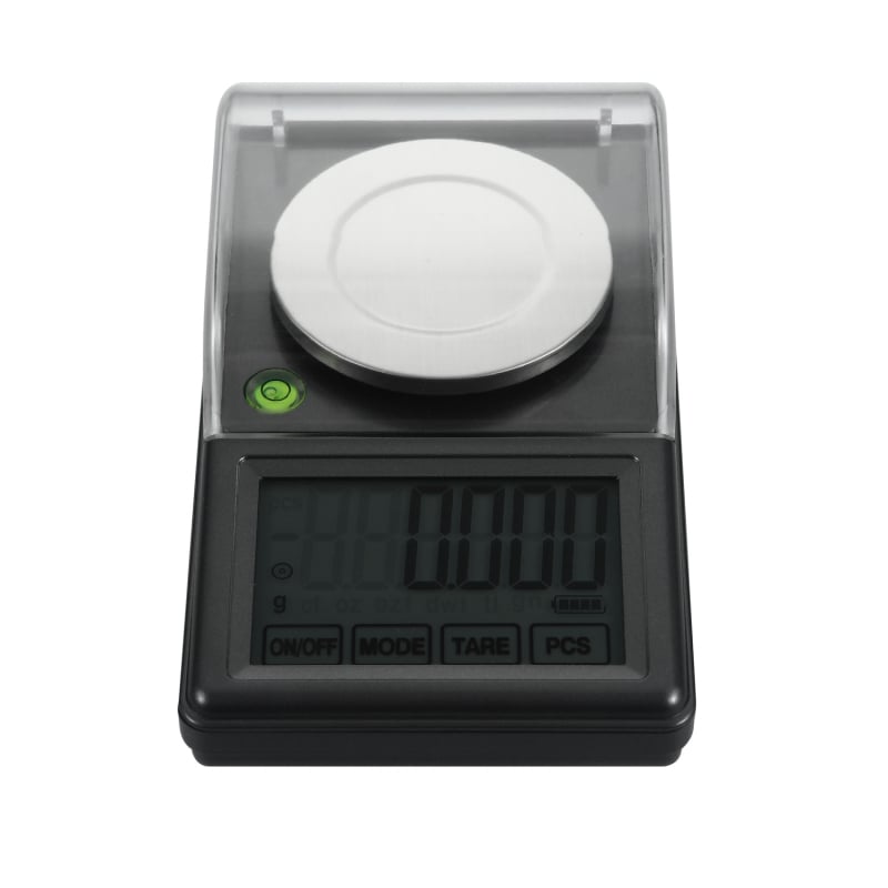 Ékszerekhez használható elektronikus mérleg nagy háttérvilágítású érintőképernyővel, max. 100 g, 0,001 g felbontás, beépített szint