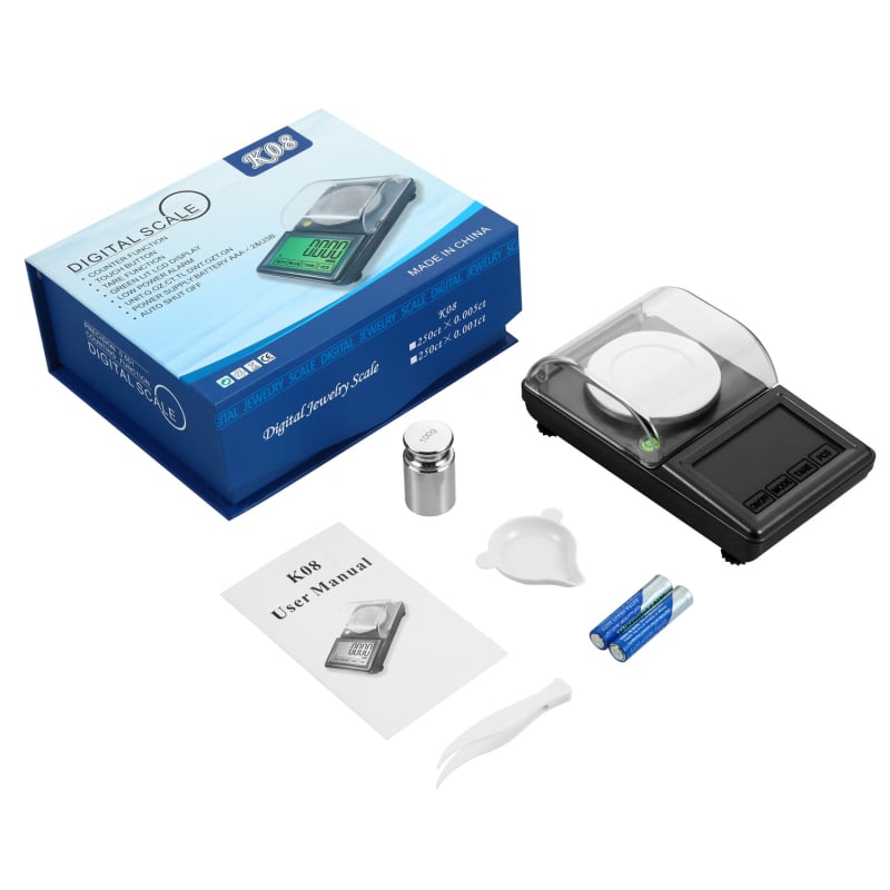 Ékszerekhez használható elektronikus mérleg nagy háttérvilágítású érintőképernyővel, max. 100 g, 0,001 g felbontás, beépített szint