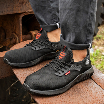 Pantofi de lucru cu vârf de oțel, ușori și confortabili pentru șantiere, din plasă Flyknit; protecție anti-șoc și anti-penetrare; talpă anti-derapare și rezistentă la uzură; culoare negru