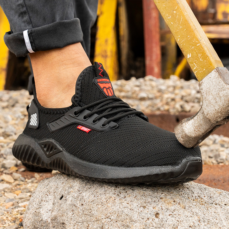 Pantofi de lucru cu vârf de oțel, ușori și confortabili pentru șantiere, din plasă Flyknit; protecție anti-șoc și anti-penetrare; talpă anti-derapare și rezistentă la uzură; culoare negru