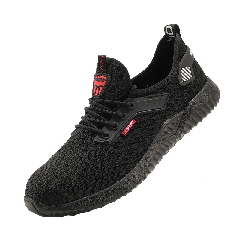 Pantofi de lucru cu vârf de oțel, ușori și confortabili pentru șantiere, din plasă Flyknit; protecție anti-șoc și anti-penetrare; talpă anti-derapare și rezistentă la uzură; culoare negru