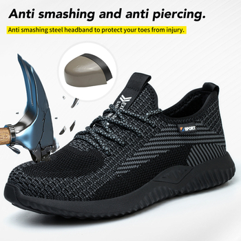 Pantofi de protecție pentru muncă cu vârf din oțel, respirabili, cu exterior din plasă, antișoc și anti-perforație, ușori (Material: Flying mesh; Exterior: low top; Tip: anti-smash și anti-puncture)