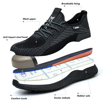 Pantofi de protecție pentru muncă cu vârf din oțel, respirabili, cu exterior din plasă, antișoc și anti-perforație, ușori (Material: Flying mesh; Exterior: low top; Tip: anti-smash și anti-puncture)