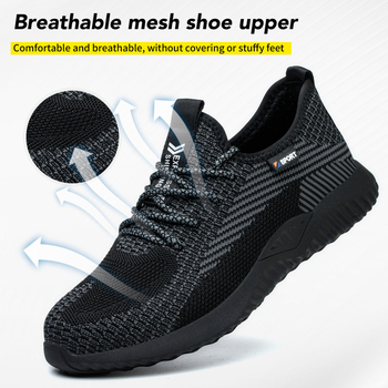 Pantofi de protecție pentru muncă cu vârf din oțel, respirabili, cu exterior din plasă, antișoc și anti-perforație, ușori (Material: Flying mesh; Exterior: low top; Tip: anti-smash și anti-puncture)