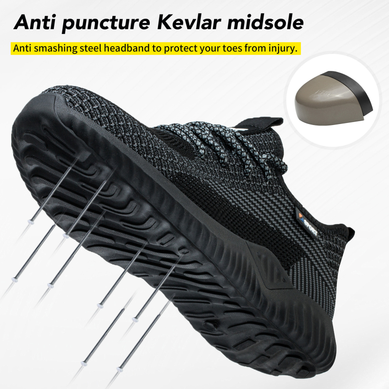 Pantofi de protecție pentru muncă cu vârf din oțel, respirabili, cu exterior din plasă, antișoc și anti-perforație, ușori (Material: Flying mesh; Exterior: low top; Tip: anti-smash și anti-puncture)