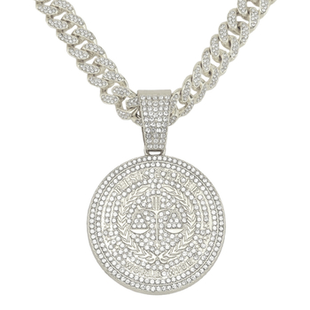 Nyaklánc kubai lánccal, gyémántokkal kirakott kör medállal, ötvözet, hip-hop stílus