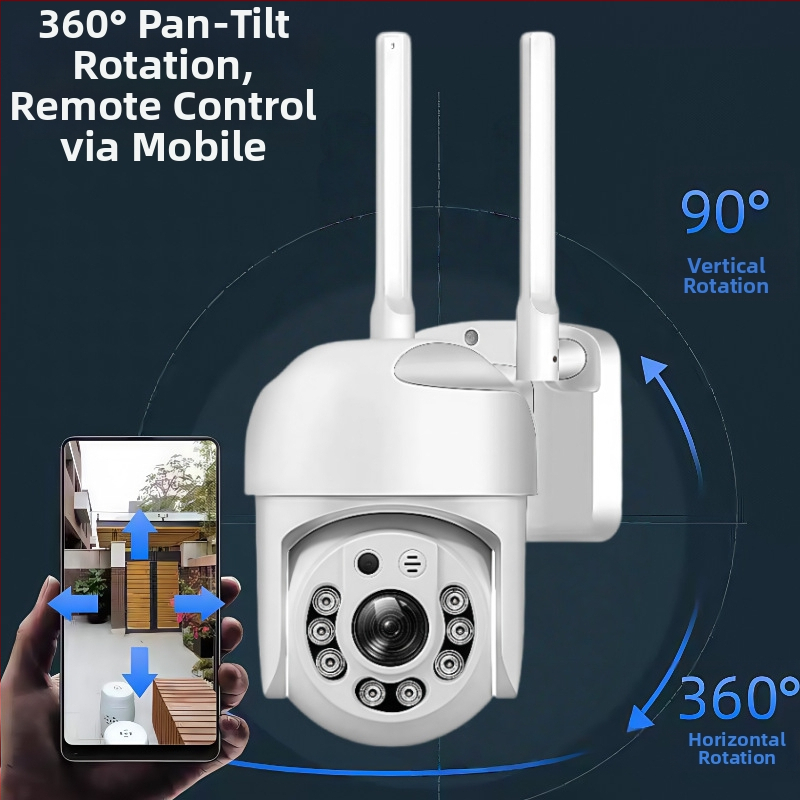 Megfigyelő kamera 360°-os pan-tilt forgással; 355° vízszintes és 90° függőleges mozgás; DC5V tápegység; TF-kártyás felvétel internet nélkül; beltéri és kültéri használat