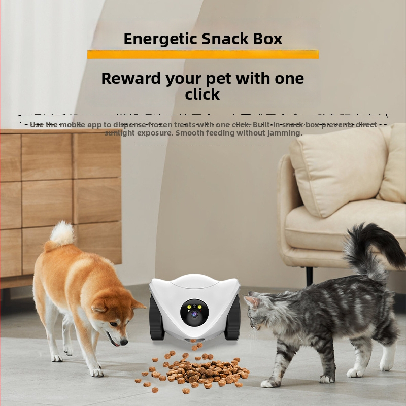 Robot na monitorovanie a kŕmenie domácich miláčikov so nočným videním a obojsmernou komunikáciou, určený pre vnútorné použitie; ABS; hmotnosť 1000 g; teplota prevádzky -5℃ až 60℃; kompenzácia podsvietenia
