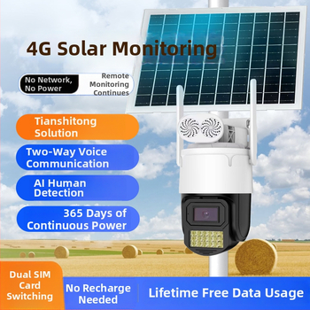 Cameră 4G alimentată solar pentru monitorizare la distanță, vedere pe timp de noapte, alarmă — impermeabilă, material plastic și metal, temperatură de funcționare -25°C până la 60°C, alimentare 5V