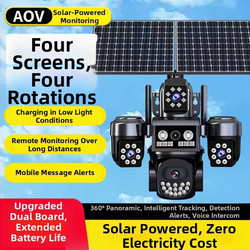 Päikeseenergial töötav valvekaamera, neli objektiiviga, 4 kanalit, välistingimustes HD öönägemine, kaugjälgimine