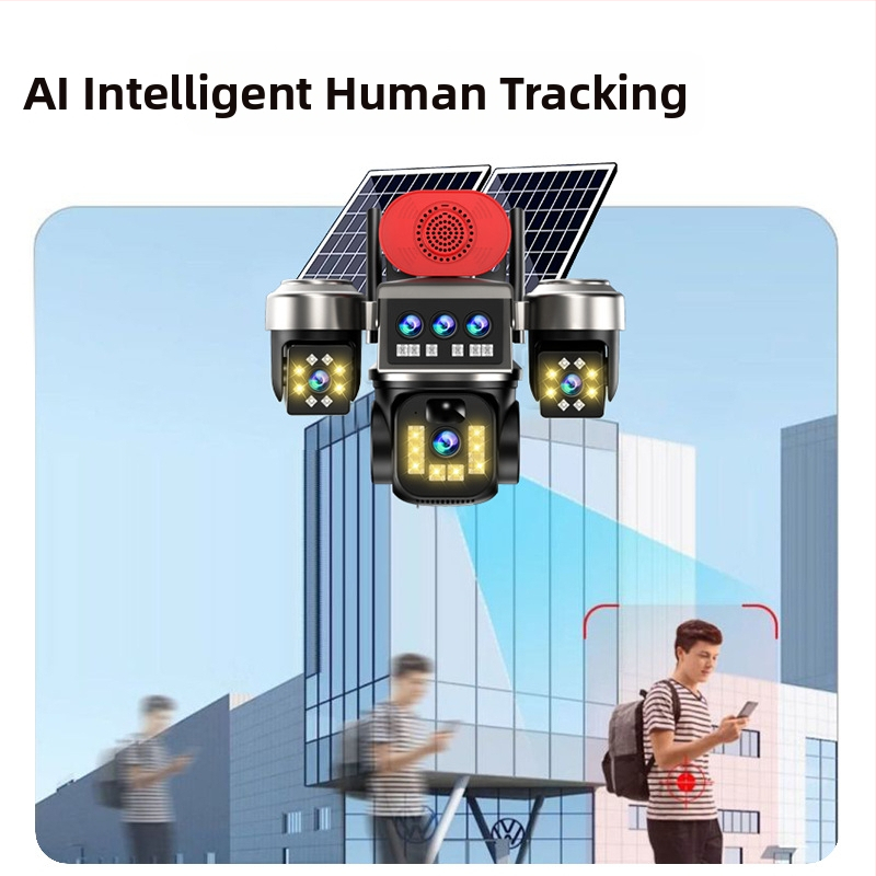 Háromobjekumos Napelemes Kültéri Kamera, HD Éjszakai Látás és 360° Monitorozás, vízszintes forgás 325°, függőleges 90°, sebességek 70°/s és 50°/s, 5V DC, ABS