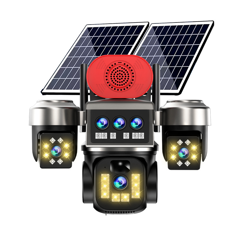 Háromobjekumos Napelemes Kültéri Kamera, HD Éjszakai Látás és 360° Monitorozás, vízszintes forgás 325°, függőleges 90°, sebességek 70°/s és 50°/s, 5V DC, ABS