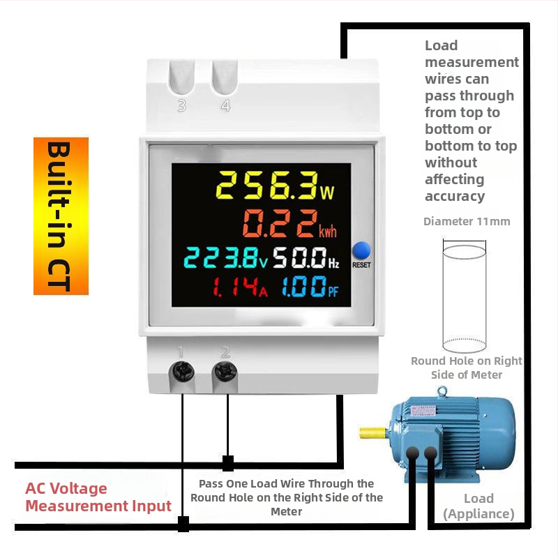 Contor inteligent multifuncțional monofazat cu afișaj digital, măsoară tensiunea, curentul, puterea și frecvența, montat pe șină