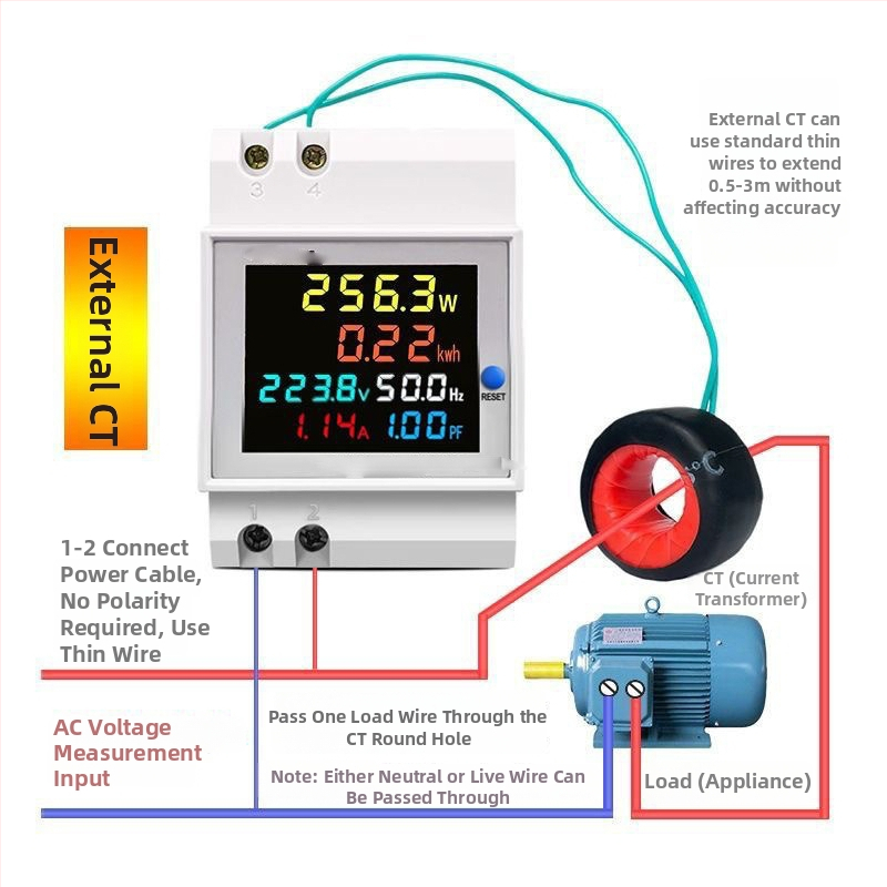 Contor inteligent multifuncțional monofazat cu afișaj digital, măsoară tensiunea, curentul, puterea și frecvența, montat pe șină