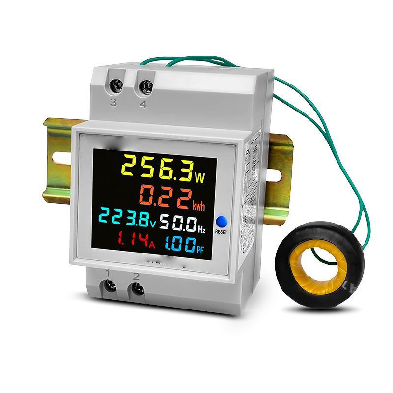 Contor inteligent multifuncțional monofazat cu afișaj digital, măsoară tensiunea, curentul, puterea și frecvența, montat pe șină