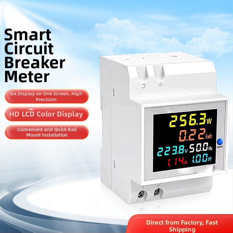 Contor inteligent multifuncțional monofazat cu afișaj digital, măsoară tensiunea, curentul, puterea și frecvența, montat pe șină