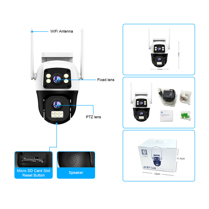 Wifi бинокуларна камера V380Pro, за вътрешен и външен монтаж, 0.01 lux минимално осветление, SNR > 48 dB, -10…50 °C, 110–220 V AC