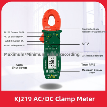 Kejie KJ219 дигитален клещов амперметър за AC/DC: измерване на ток, съпротивление, проверка за непрекъснатост, диоден тест, температура, честота, NCV