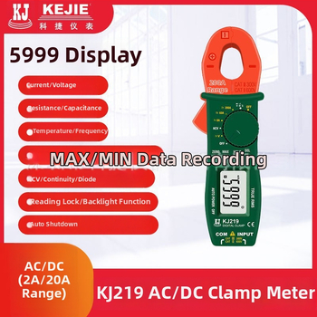 Kejie KJ219 дигитален клещов амперметър за AC/DC: измерване на ток, съпротивление, проверка за непрекъснатост, диоден тест, температура, честота, NCV