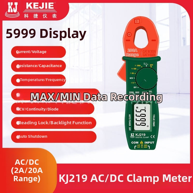 Kejie KJ219 дигитален клещов амперметър за AC/DC: измерване на ток, съпротивление, проверка за непрекъснатост, диоден тест, температура, честота, NCV