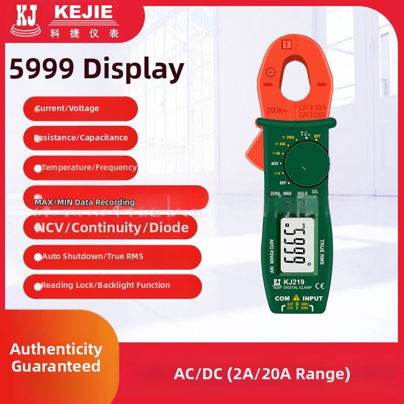 Kejie KJ219 дигитален клещов амперметър за AC/DC: измерване на ток, съпротивление, проверка за непрекъснатост, диоден тест, температура, честота, NCV