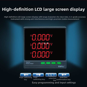 Trojfázový LCD merač: prúd, napätie, frekvencia, energia a faktor výkonu, RS-485