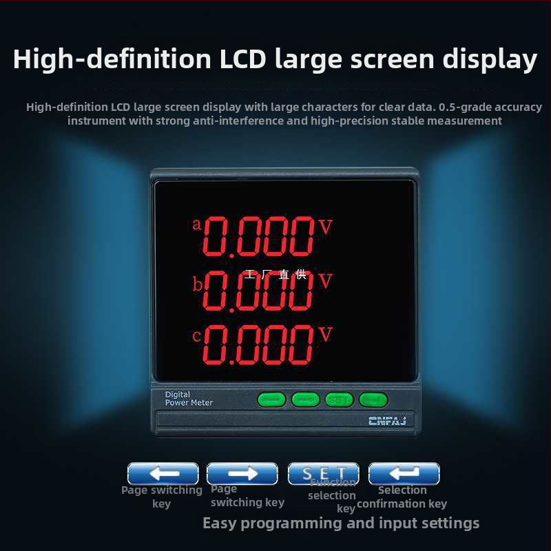 Trojfázový LCD merač: prúd, napätie, frekvencia, energia a faktor výkonu, RS-485