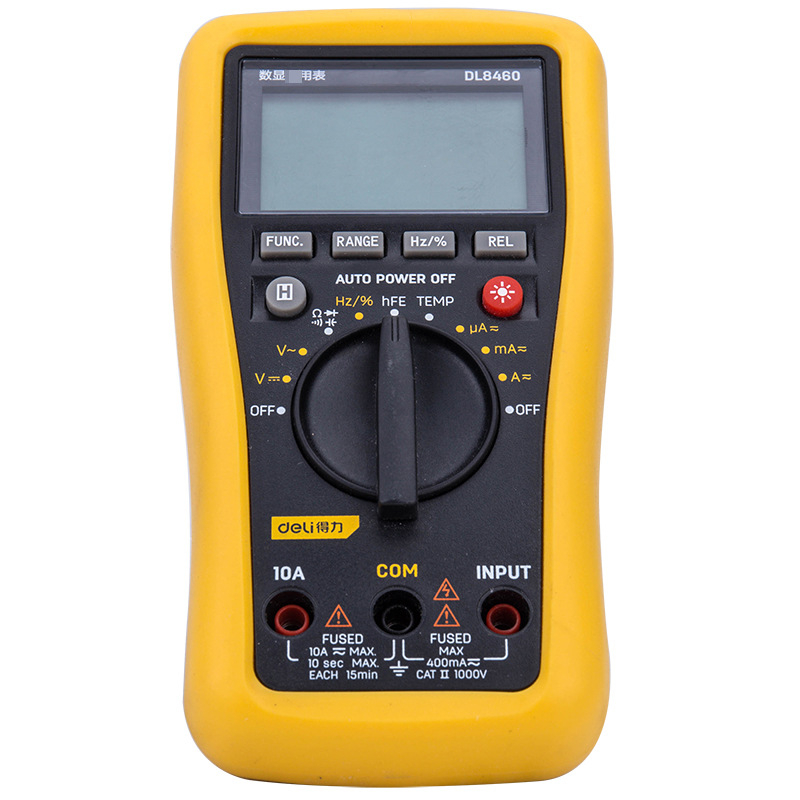 DL8460 digitalni multimetar s automatskim rasponom, CAT II 1000V; DC/AC napon 0,4–1000 V (DC) i 4–750 V (AC); DC/AC struja 400 µA–10 A; otpor; kapacitet 4 nF–100 µF; frekvencija/temperatura; pohrana podataka