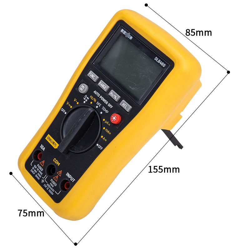 DL8460 digitalni multimetar s automatskim rasponom, CAT II 1000V; DC/AC napon 0,4–1000 V (DC) i 4–750 V (AC); DC/AC struja 400 µA–10 A; otpor; kapacitet 4 nF–100 µF; frekvencija/temperatura; pohrana podataka