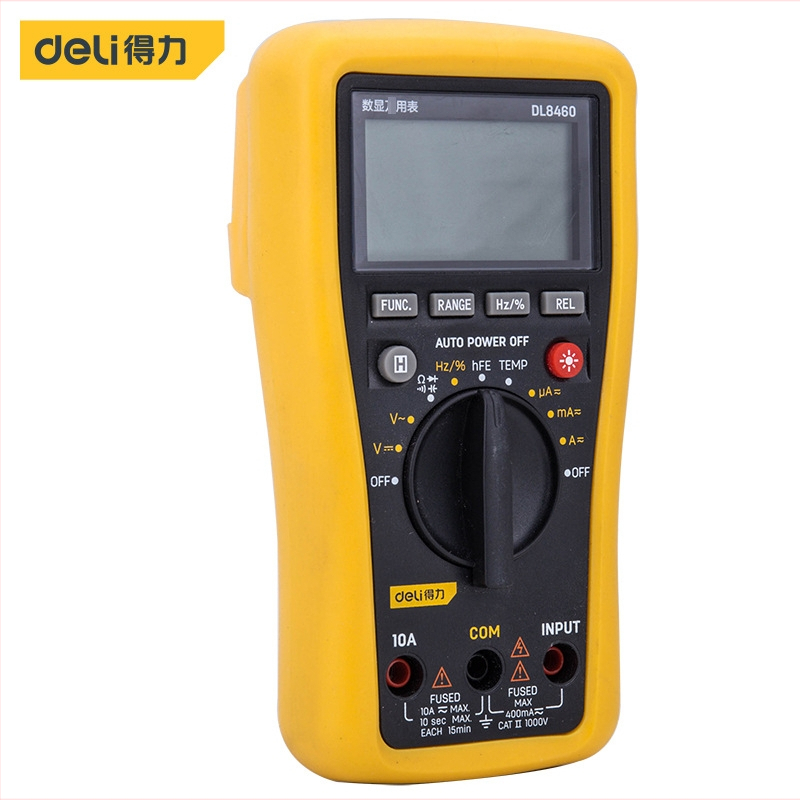 DL8460 digitalni multimetar s automatskim rasponom, CAT II 1000V; DC/AC napon 0,4–1000 V (DC) i 4–750 V (AC); DC/AC struja 400 µA–10 A; otpor; kapacitet 4 nF–100 µF; frekvencija/temperatura; pohrana podataka
