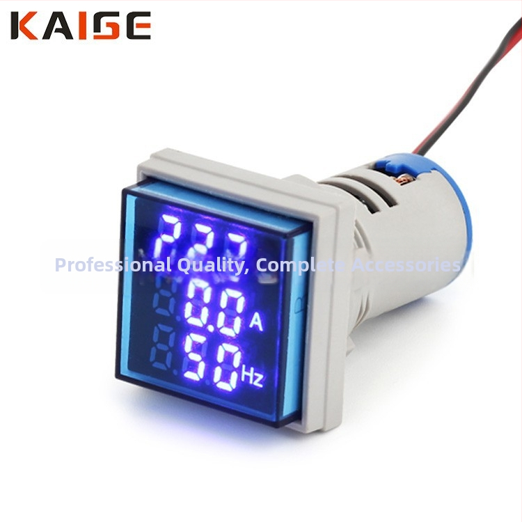 Háromkijelzős, többfunkciós AC digitális mérő — feszültség-, áram- és frekvenciaindikátorral, négyszögletes panel