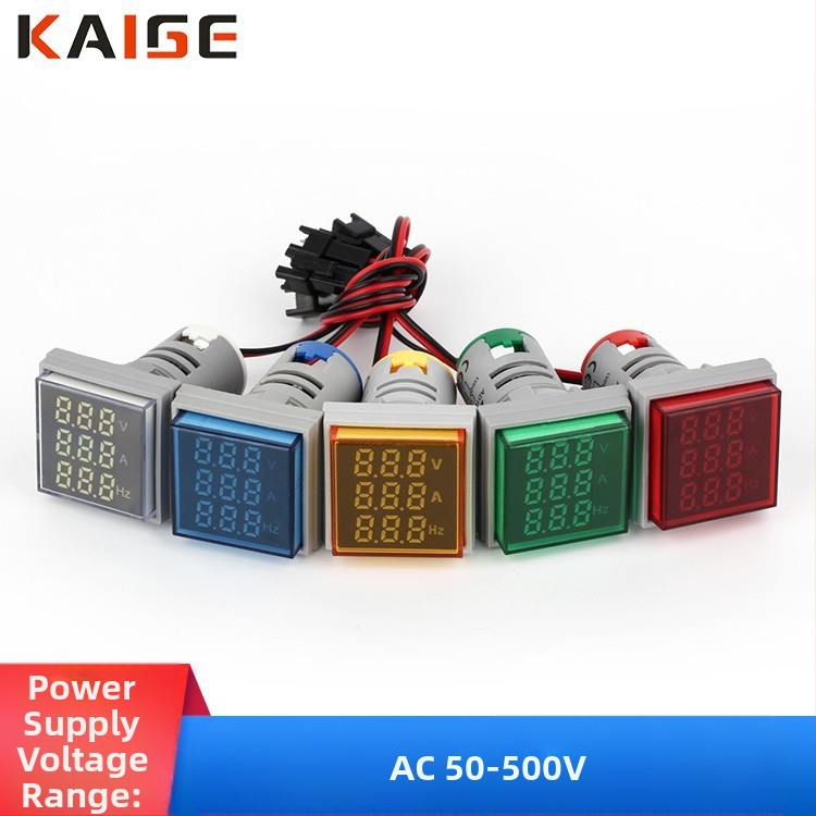 Háromkijelzős, többfunkciós AC digitális mérő — feszültség-, áram- és frekvenciaindikátorral, négyszögletes panel