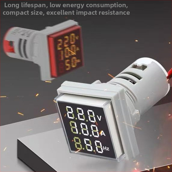 Digitális háromkijelzős AC feszültség, áram és frekvencia mérő, modell Ad101-22vahzs; mérési tartomány AC50-380V; bemeneti/kimeneti feszültség AC50-500V; környezeti hőmérséklet -25…55°C; feszültség mérési hiba ±5V