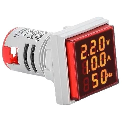 Digitális háromkijelzős AC feszültség, áram és frekvencia mérő, modell Ad101-22vahzs; mérési tartomány AC50-380V; bemeneti/kimeneti feszültség AC50-500V; környezeti hőmérséklet -25…55°C; feszültség mérési hiba ±5V