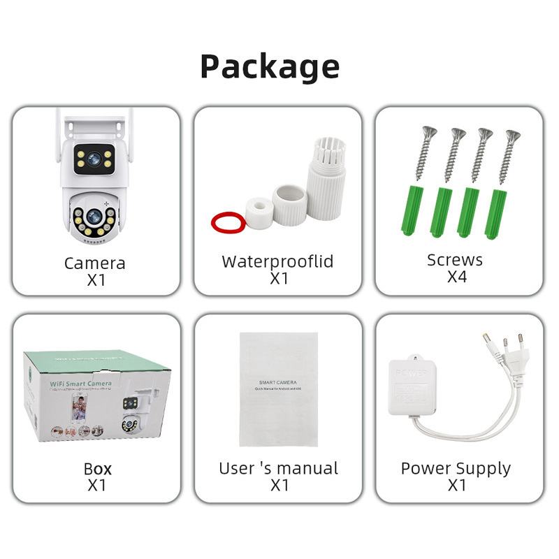 Cameră de supraveghere WiFi pentru exterior, cu pan-tilt, obiectiv dublu, vedere de noapte, 0.001 lux, senzor 1/2.8in, alimentare 12V