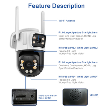 Vezeték nélküli Wi‑Fi hálózati kamera, dupla objektív, beltéri és kültéri használat, éjjellátó, távoli mobil megfigyelés (DC12V tápegység, 1/2.7'' szenzor)