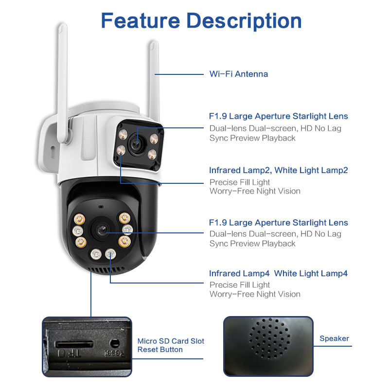 Vezeték nélküli Wi‑Fi hálózati kamera, dupla objektív, beltéri és kültéri használat, éjjellátó, távoli mobil megfigyelés (DC12V tápegység, 1/2.7'' szenzor)