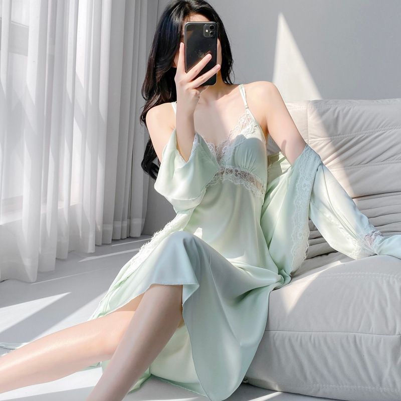 2026 novi stil seta dugih haljina s trakama od ice silk, za žene, proljeće-ljeto, s umetkom za prsa i seksi čipkastim završetkom, kućna odjeća